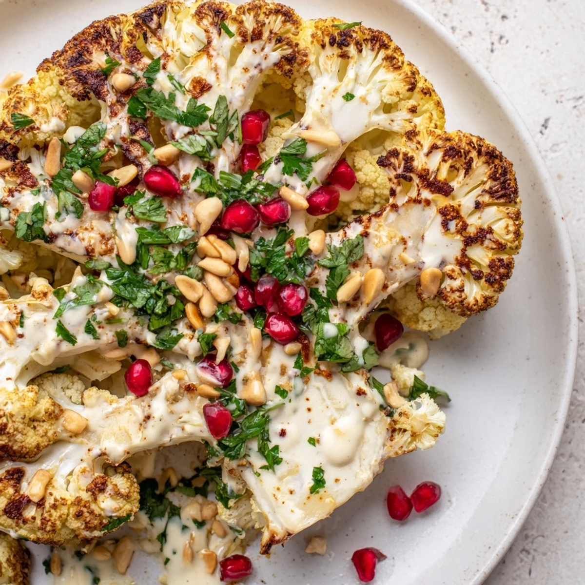 A close-up of crispy-edged cauliflower steak drizzled with tangy tahini sauce and pomegranate seeds.