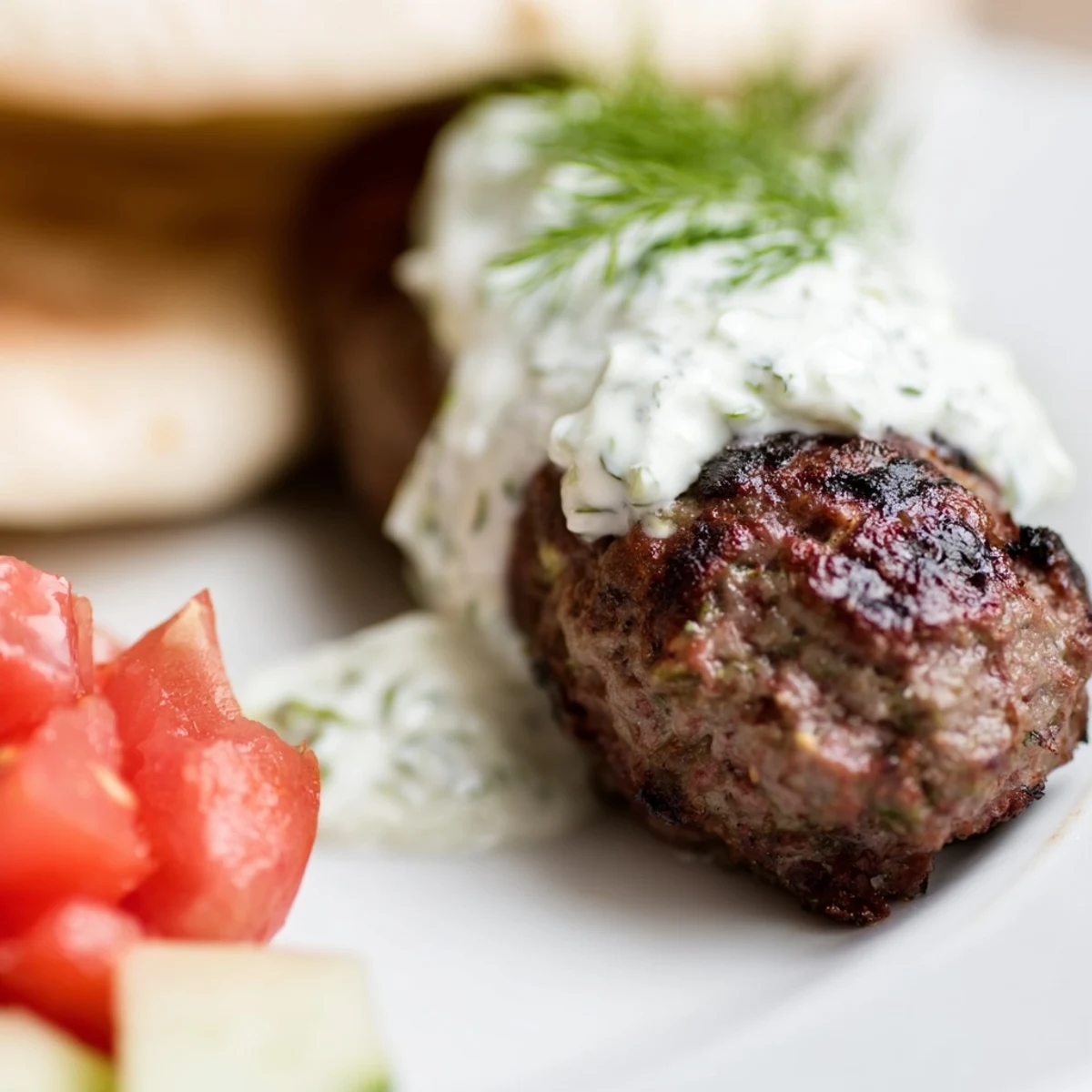 Sizzling hot Beef Kofta Kebabs with Tzatziki Sauce drizzled over the meat, served with sliced red onions and tomatoes.