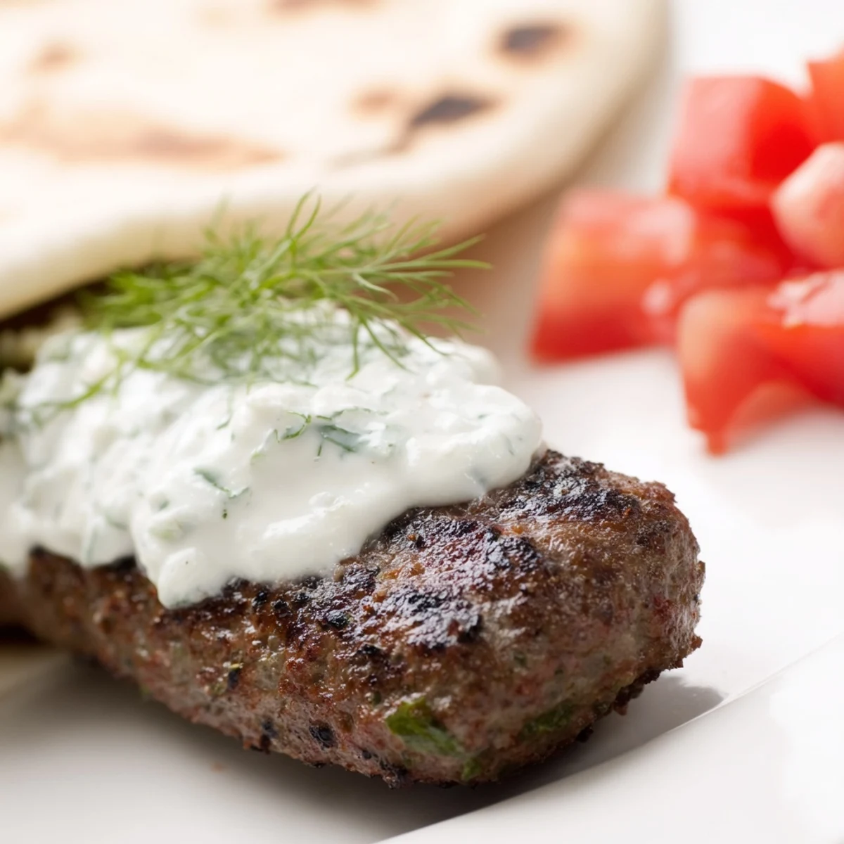 Grilled Beef Kofta Kebabs with Tzatziki Sauce stacked on a platter with warm pita bread and fresh vegetables.