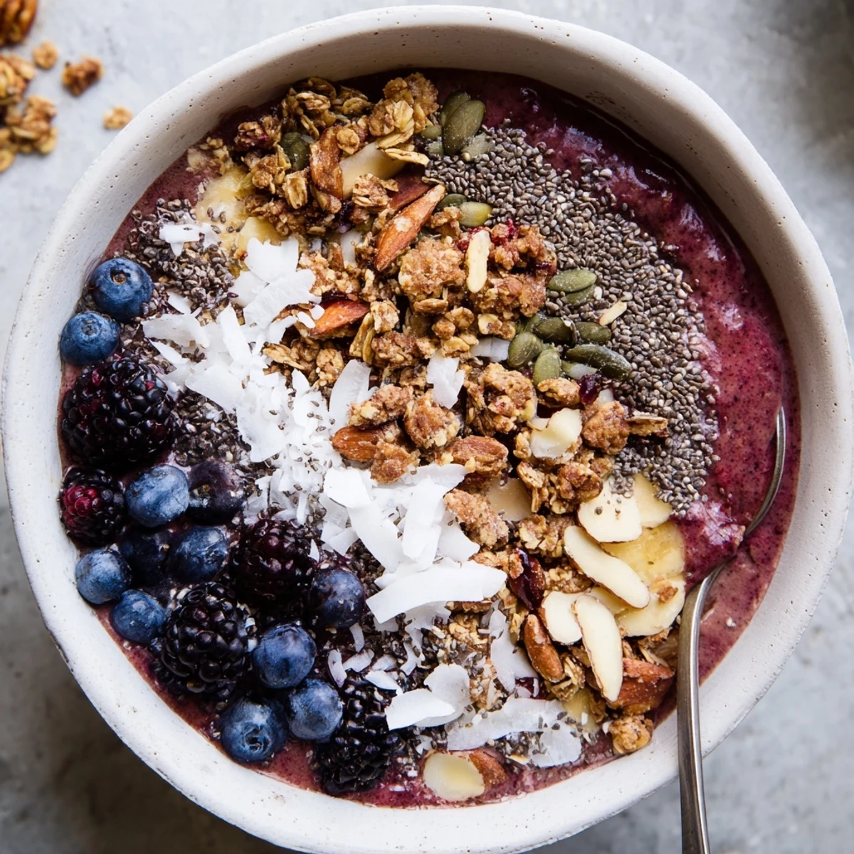 Spoon dipping into a creamy Winter Berry Smoothie Bowl, loaded with granola, pumpkin seeds, and cacao nibs.
