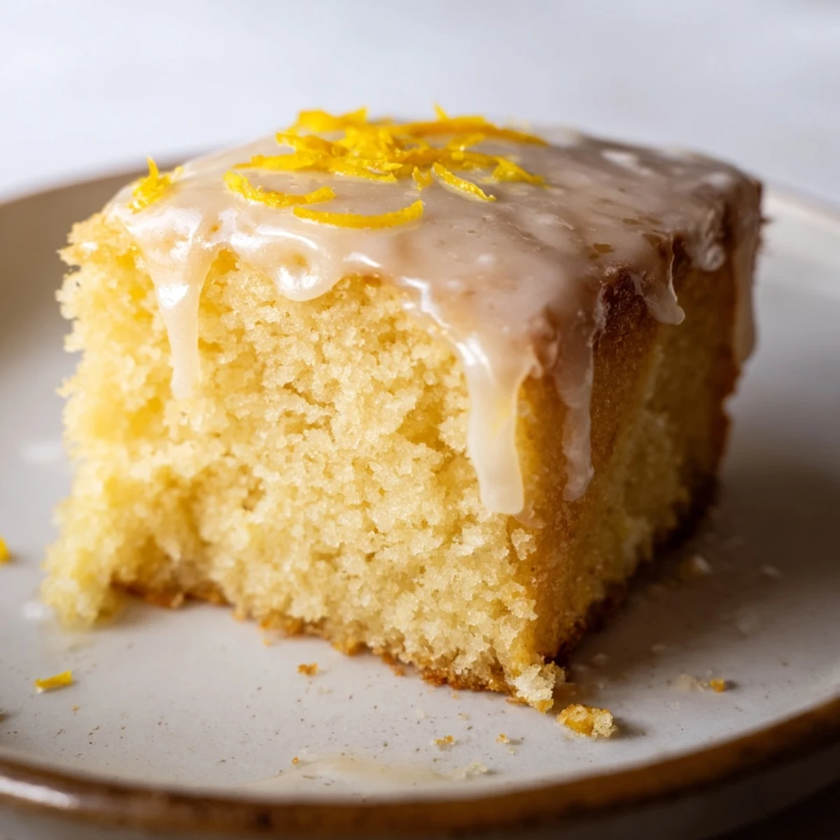 A close-up of a moist Lemon Cake Slice with glossy lemon glaze dripping down the sides.