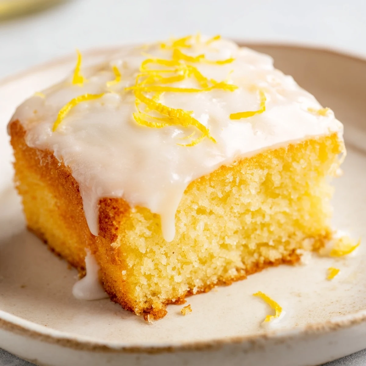 A freshly cut square of Lemon Cake Slice reveals its tender crumb on a white plate.