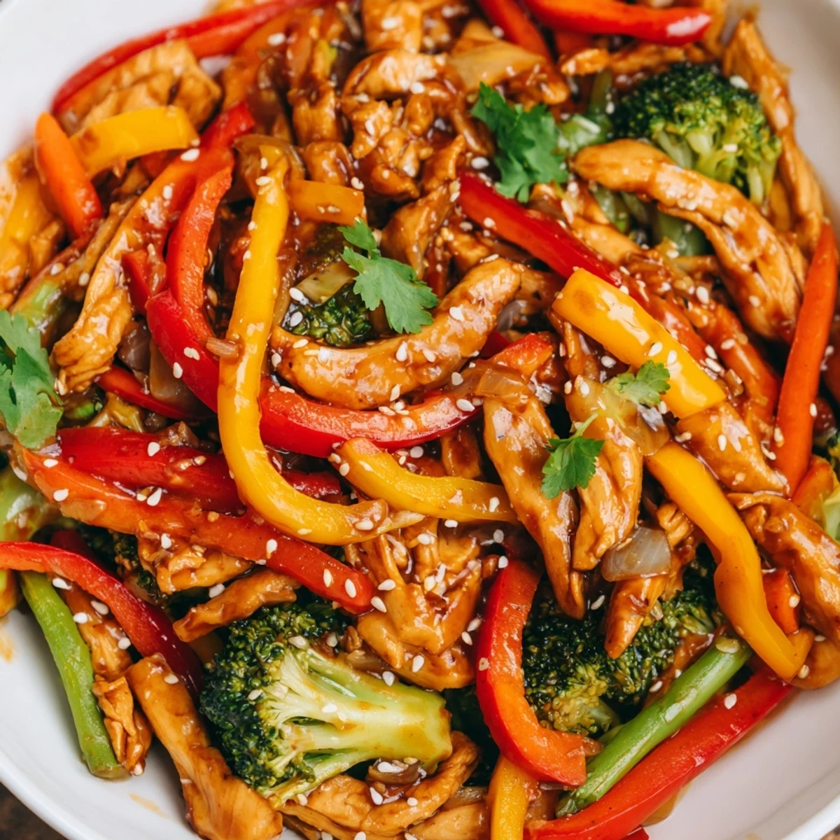 Bright orange bell peppers and crisp broccoli florets coat tender chicken pieces in a glossy, savory sauce in this Chicken Veggie Stir Fry.