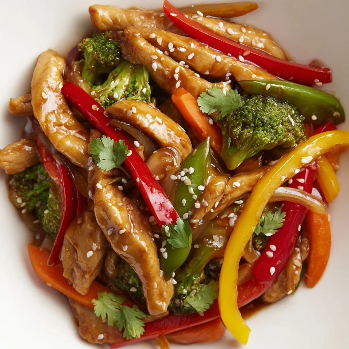 Sizzling wok action shows juicy chicken and colorful snap peas tossed in a rich sauce, making this Chicken Veggie Stir Fry ready to serve.