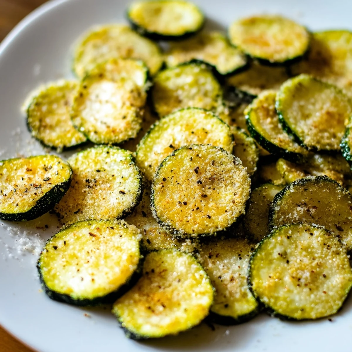 Golden-brown Crispy Zucchini Chips baked in the oven with a light, savory seasoning, served warm in a rustic bowl.