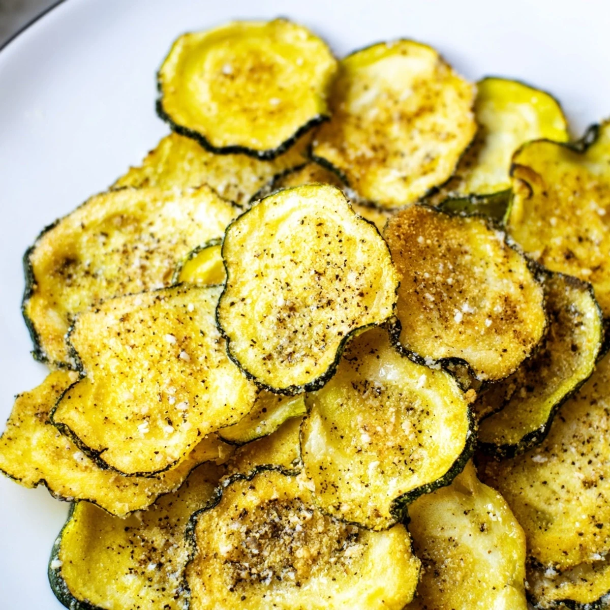 Homemade Crispy Zucchini Chips arranged on a parchment-lined baking sheet, showcasing perfectly thin slices turned golden and crunchy.