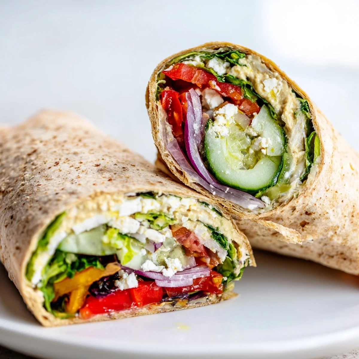 Freshly rolled Mediterranean Sandwich Wrap sliced on a board, stuffed with crisp cucumber, cherry tomatoes, red bell pepper, and creamy hummus, drizzled with herb dressing.