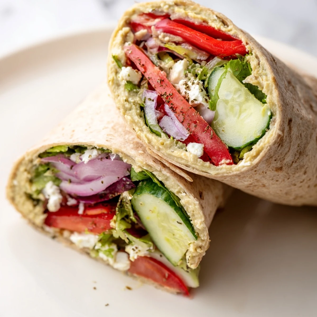 A Mediterranean Sandwich Wrap cut in half, showing layers of feta, greens, and vibrant veggies, ready for a quick lunch or light dinner.