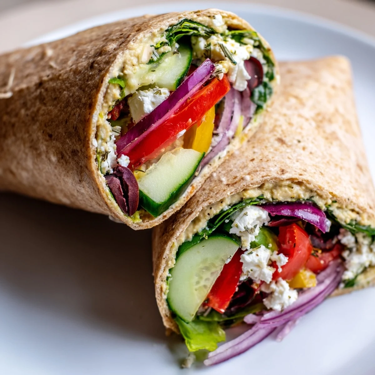 Hand holding a warm Mediterranean Sandwich Wrap with whole wheat tortilla, loaded with tangy feta, hummus, and zesty olive oil dressing.