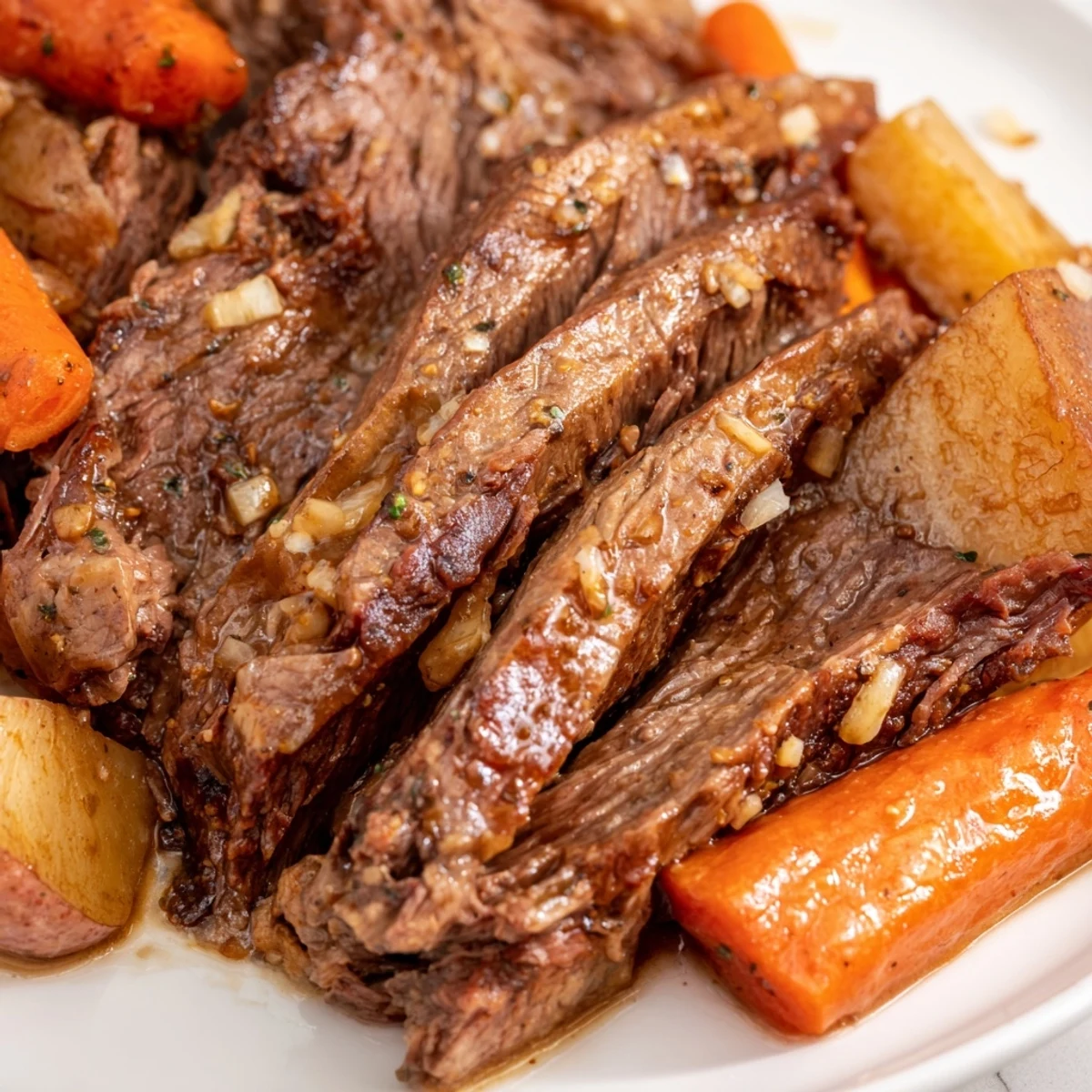 Slow Cooker Roast Beef simmered with tender carrots and potatoes in a savory herb broth.