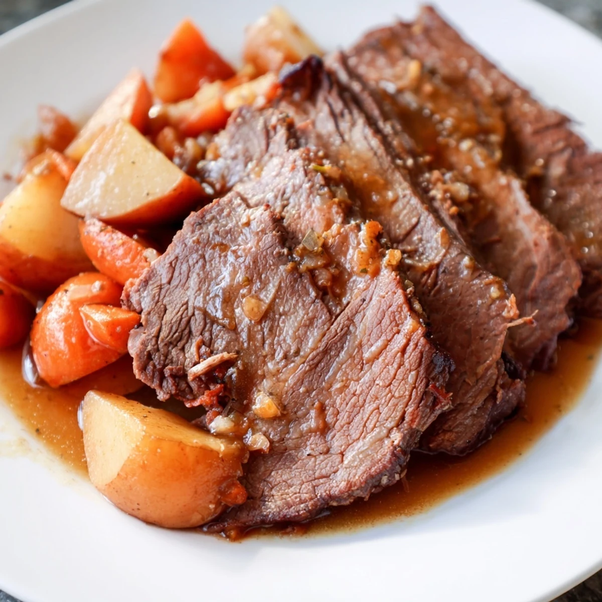 Tender Slow Cooker Roast Beef surrounded by golden potatoes and carrots, ready to serve.