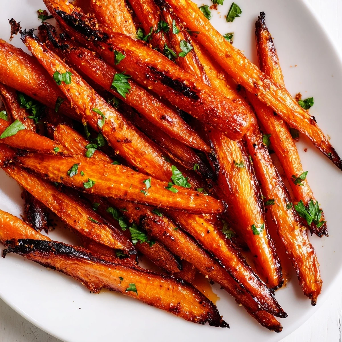 Perfectly roasted carrot sticks seasoned with garlic and sea salt, served warm as a healthy side dish.