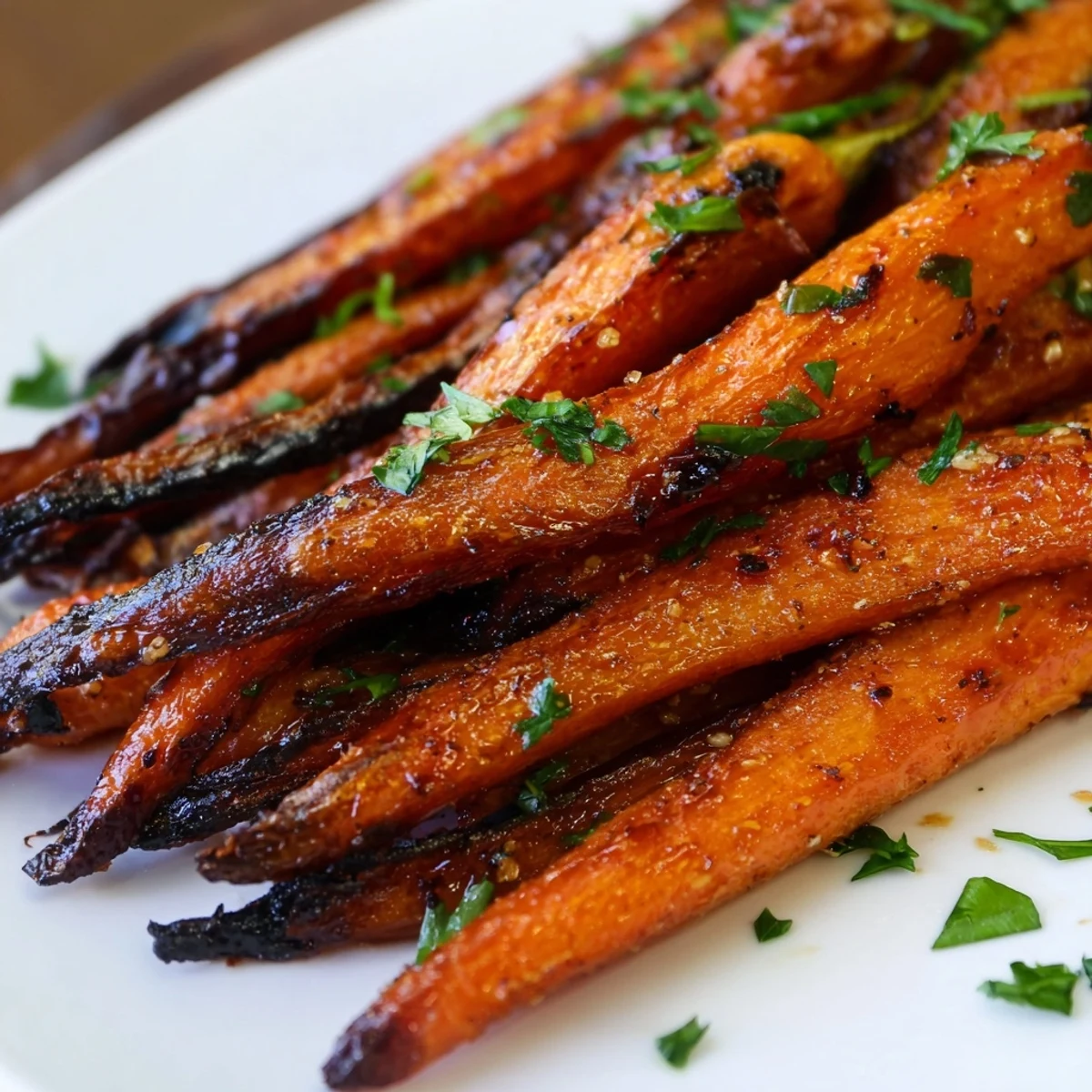 Crispy roasted carrot sticks with a drizzle of olive oil and herbs, ideal for snacking or alongside dinner.