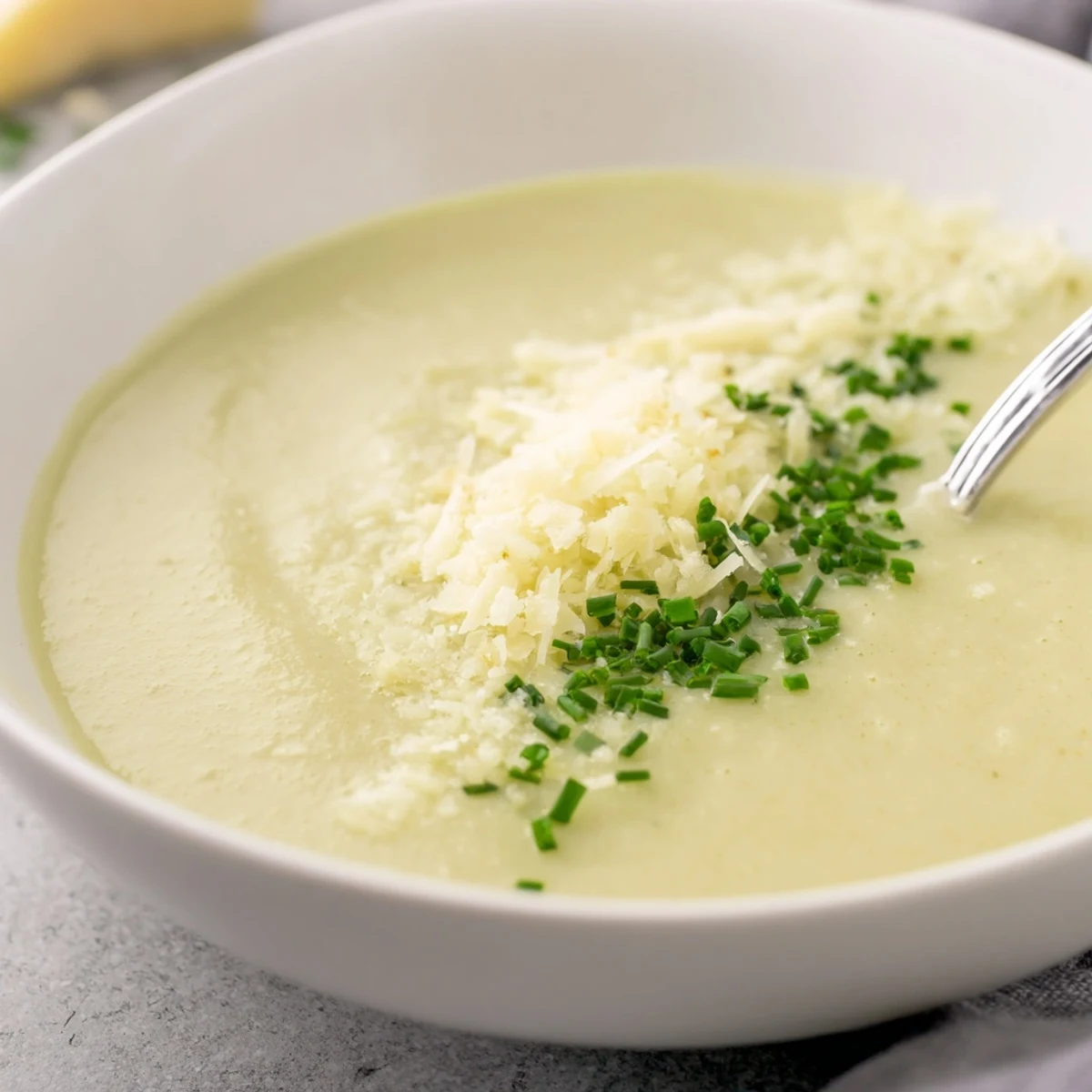 Creamy Broccoli Soup served steaming hot in a white bowl, garnished with fresh chives and Parmesan.