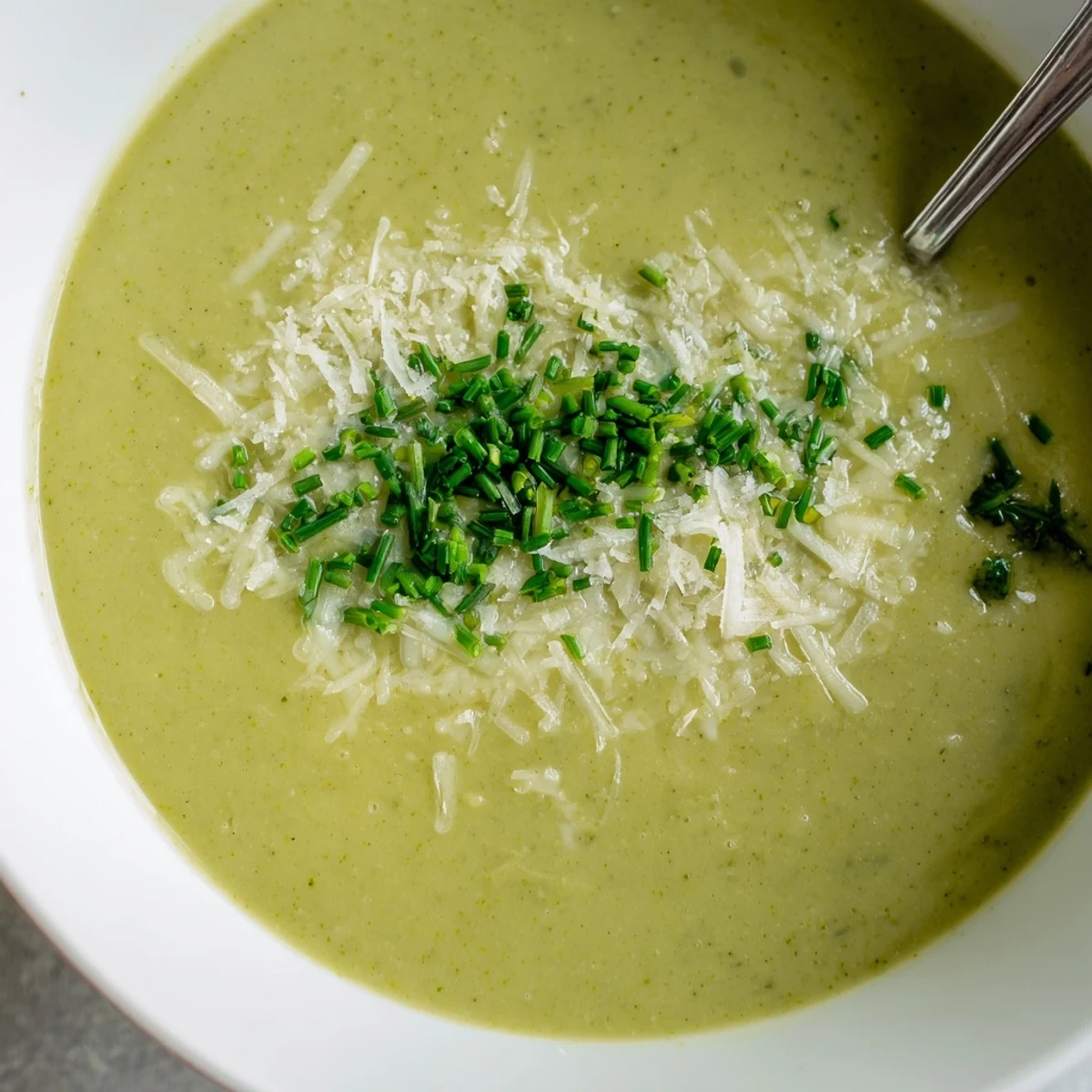 Vibrant green Creamy Broccoli Soup topped with parsley and grated cheese, ready for a cozy meal.