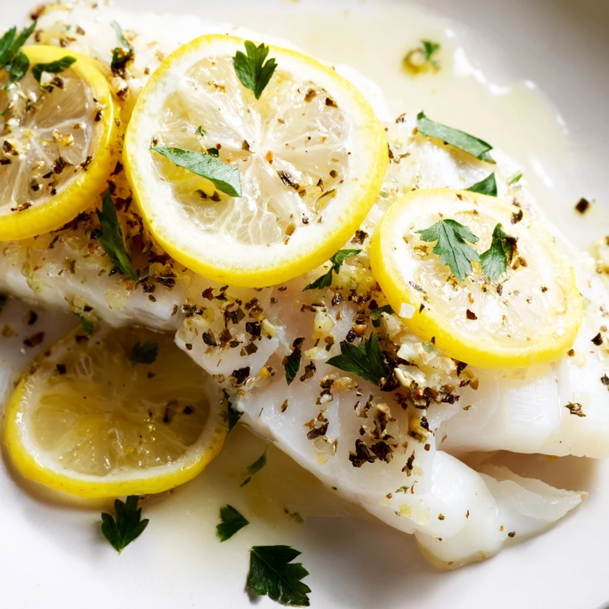 Flaky cod fillet with lemon and herbs arranged on a baking dish, ready for a quick weeknight meal.