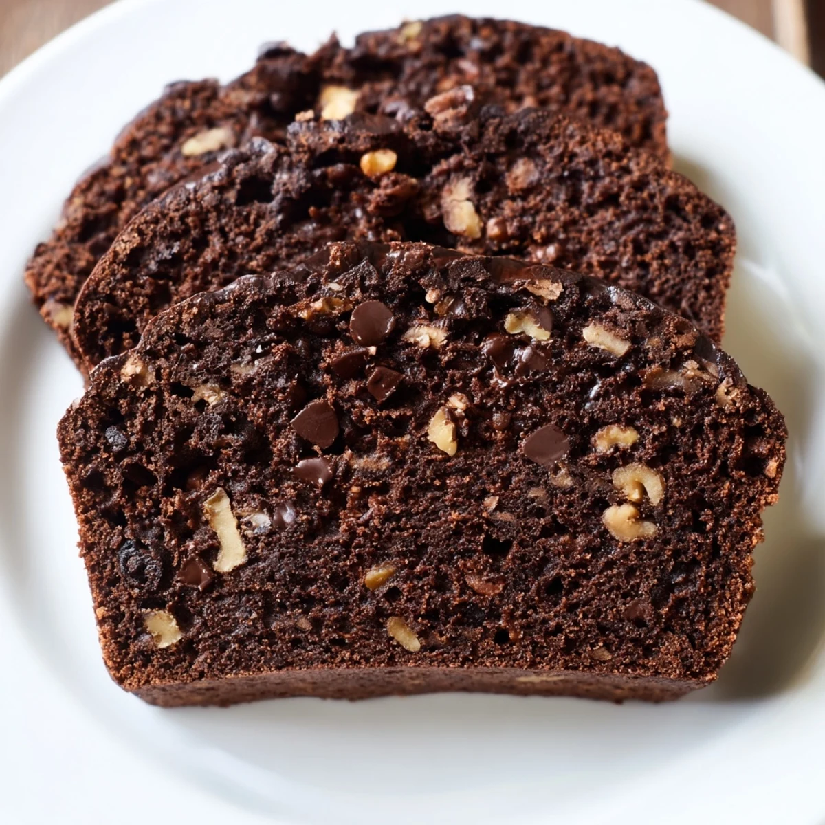 Rich Chocolate Banana Bread loaf studded with chocolate chips, served warm with butter.