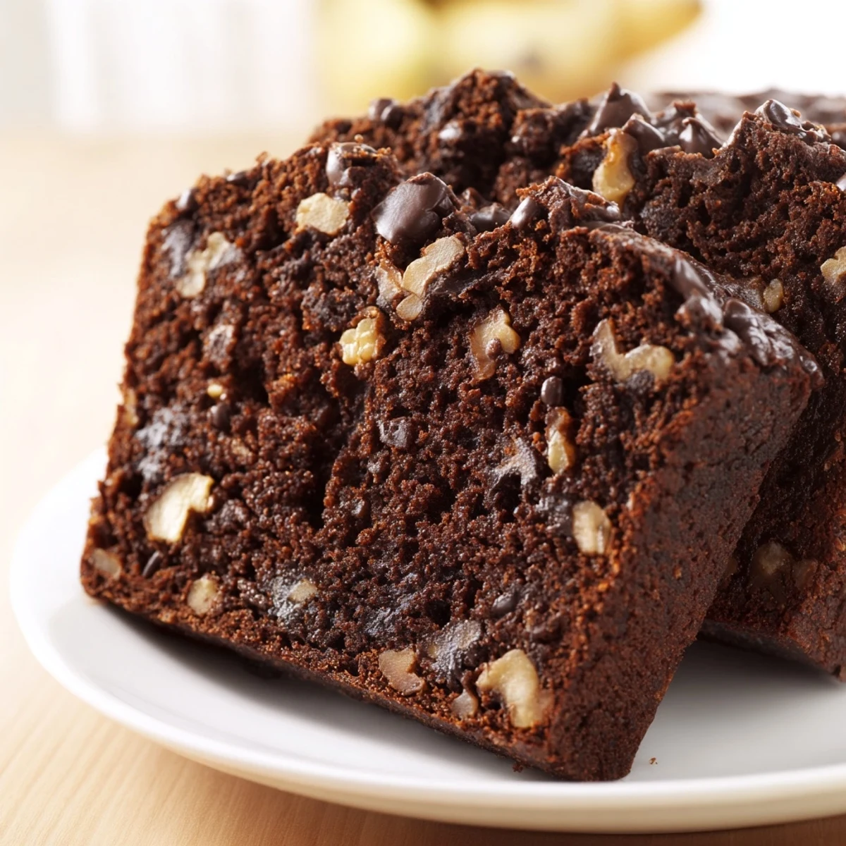 A thick slice of Chocolate Banana Bread shows moist crumb and melty chocolate chips.
