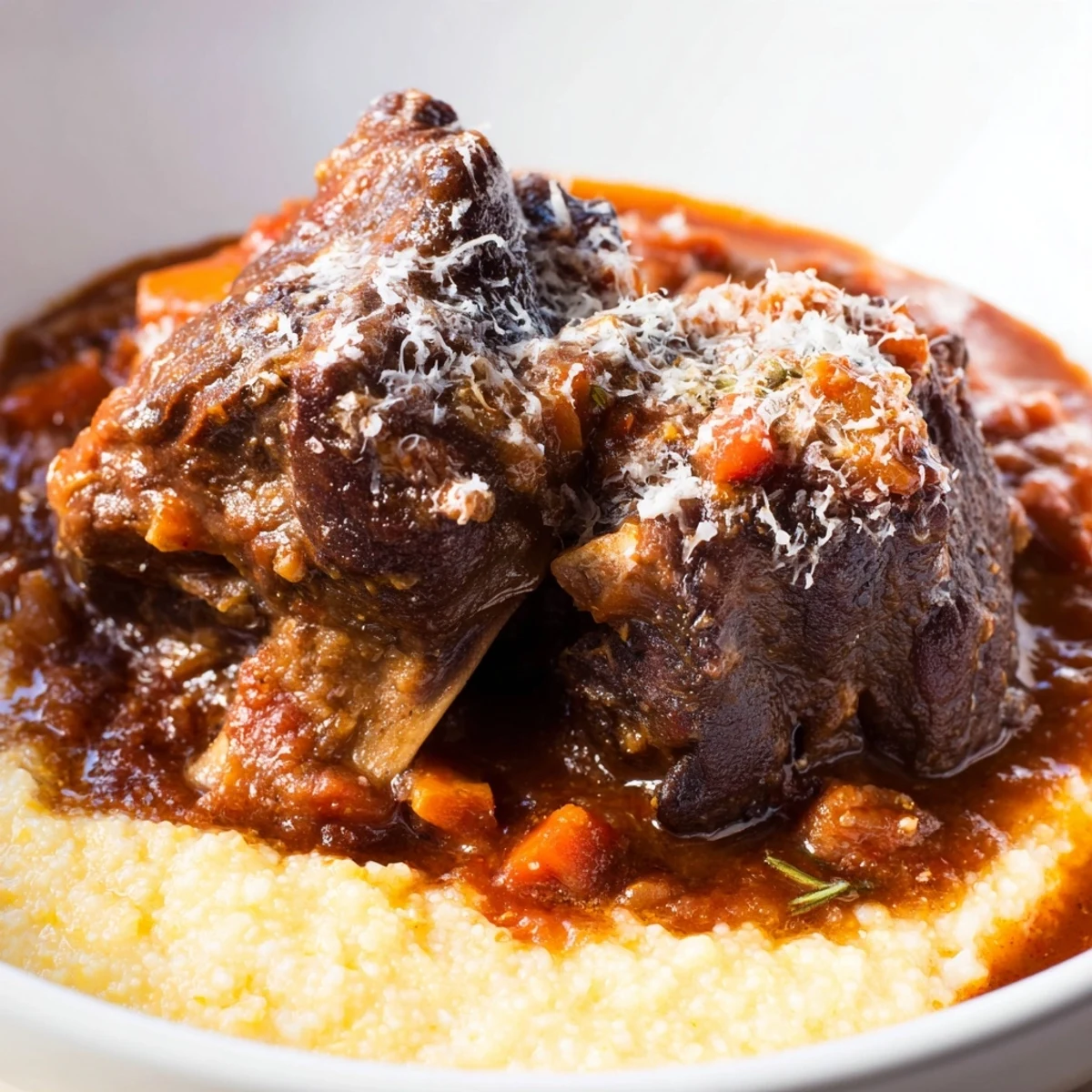 Tender beef short ribs nestled atop velvety, buttery polenta, finished with a fresh rosemary sprig and savory braising juices.