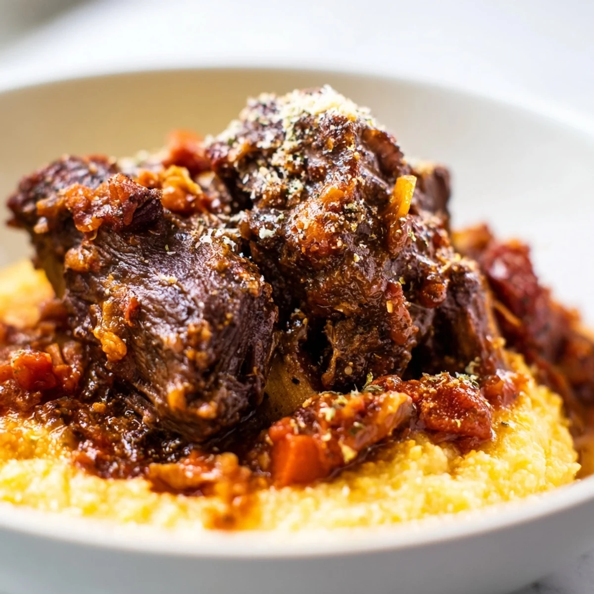 Golden-brown braised beef short ribs fall off the bone onto a bed of creamy, cheesy polenta, drizzled with rich red wine sauce.