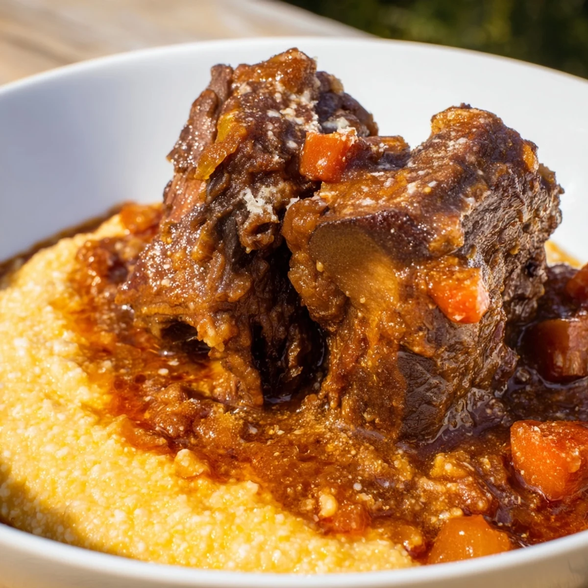 Comforting Creamy Polenta with Braised Beef Short Ribs served in a warm bowl, perfect for a cozy Italian-inspired dinner.