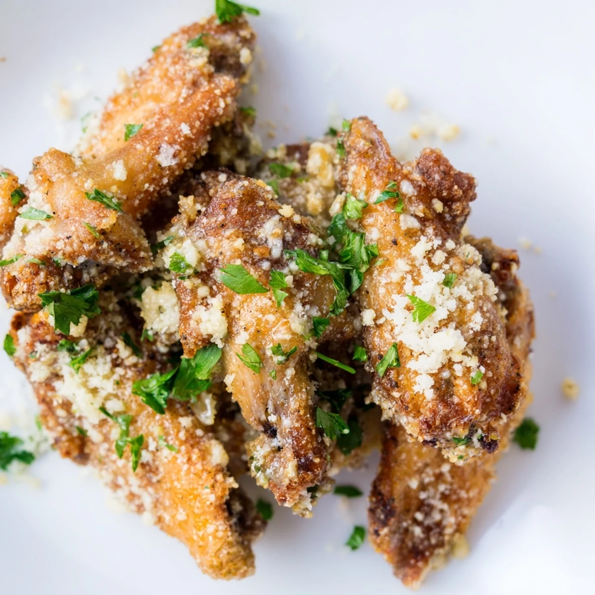 Golden brown Air Fryer Garlic Parmesan Chicken Wings piled high, garnished with fresh parsley and a sprinkle of extra Parmesan cheese.
