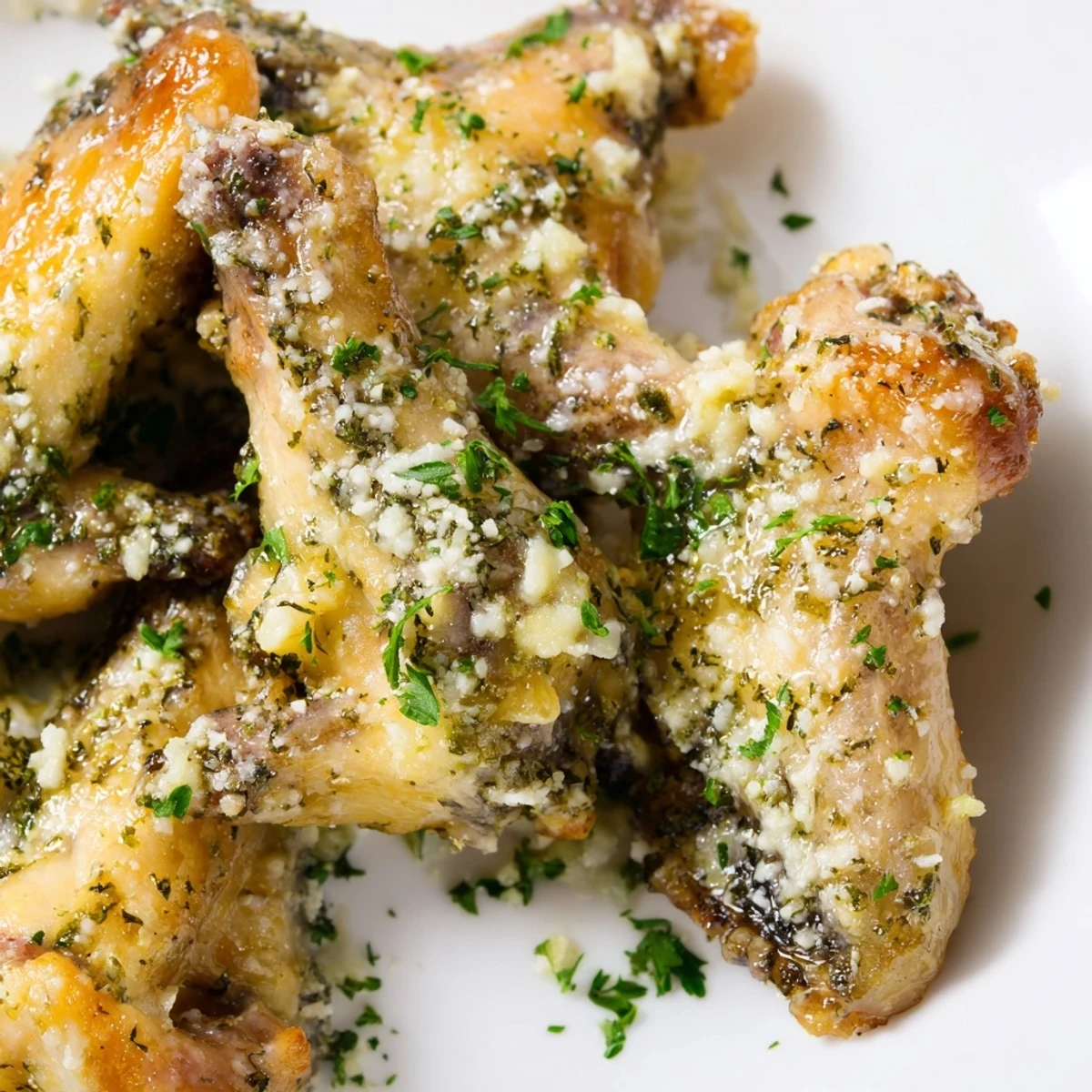 Crispy Air Fryer Garlic Parmesan Chicken Wings tossed in a rich buttery sauce, served on a platter for a game day party.