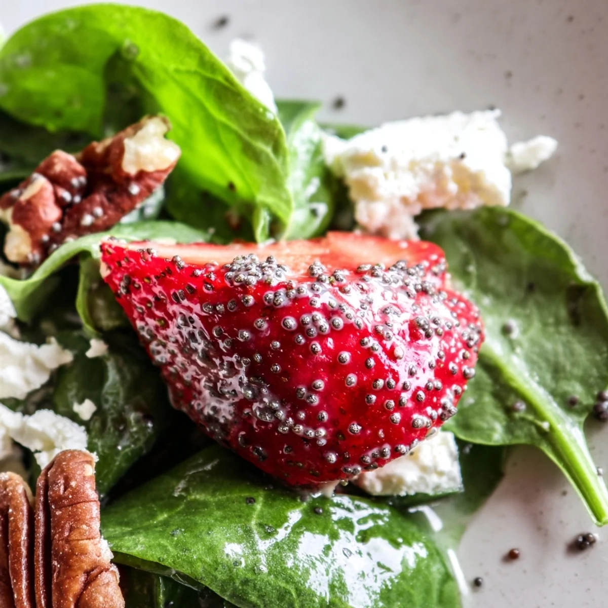 Fresh baby spinach and juicy sliced strawberries tossed in a tangy poppy seed vinaigrette, topped with crunchy pecans and creamy feta cheese.