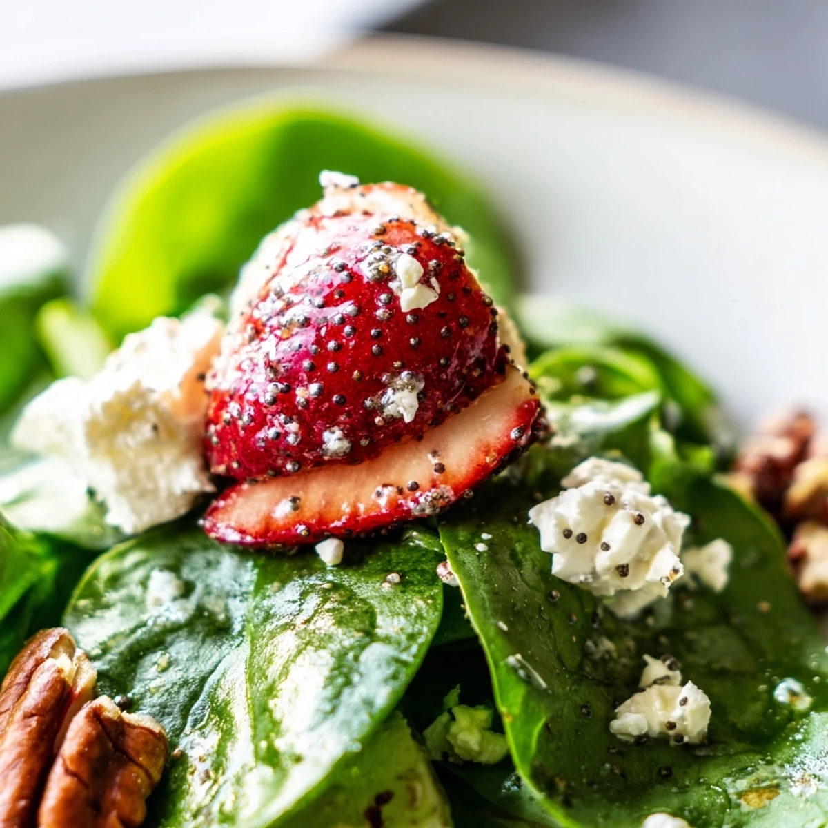 A vibrant homemade Strawberry Spinach Salad with Poppy Seed Vinaigrette served in a white ceramic bowl, perfect for spring and summer meals.