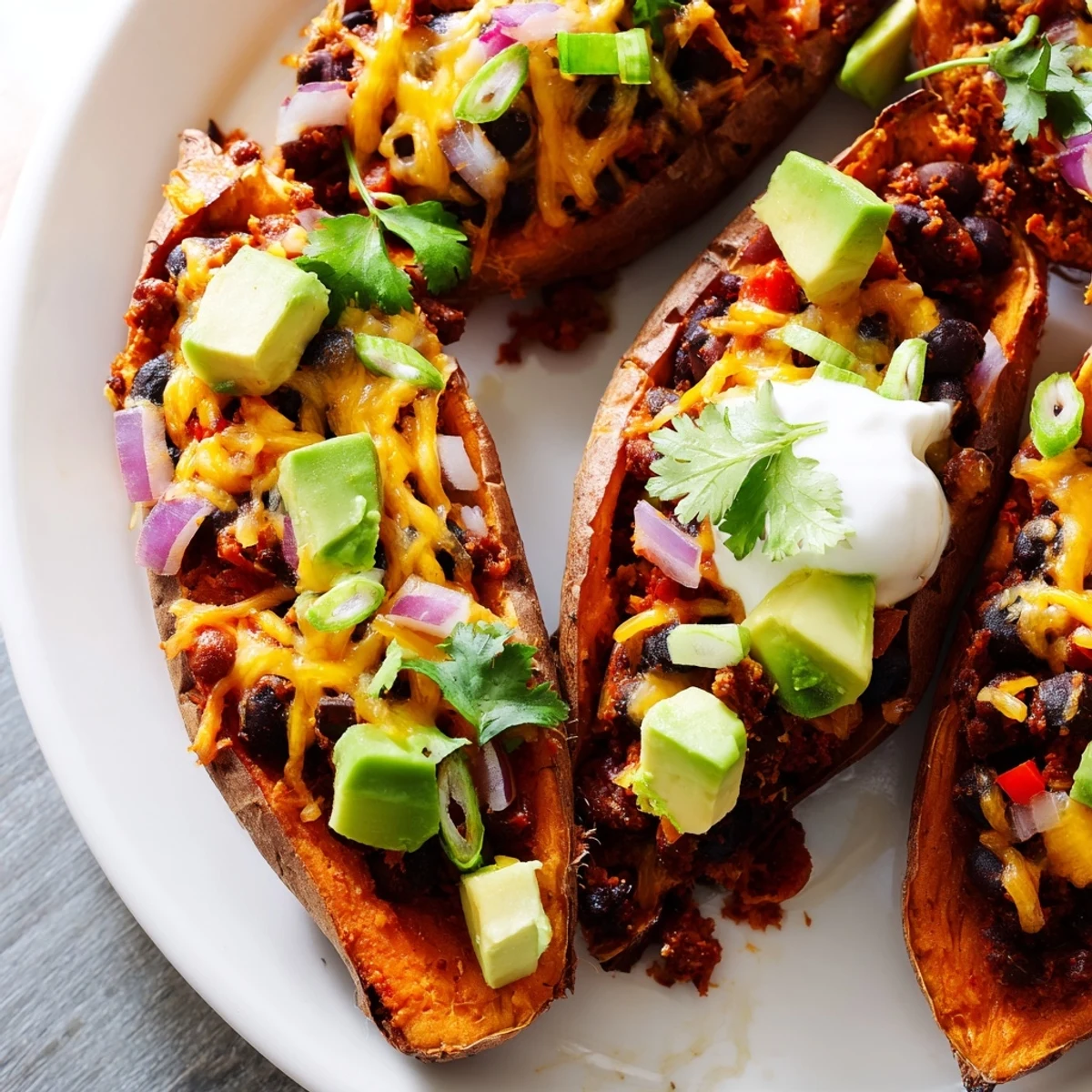 Crisp baked sweet potato skins with cheesy Black Bean filling, served hot with a dollop of sour cream, sliced green onions, and lime wedges.