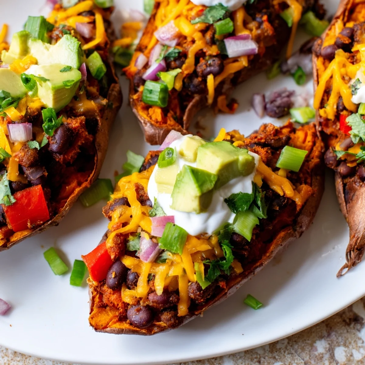 Golden-brown Loaded Sweet Potato Skins with Black Beans, filled with a hearty mixture and topped with melty cheddar, avocado, and fresh cilantro.