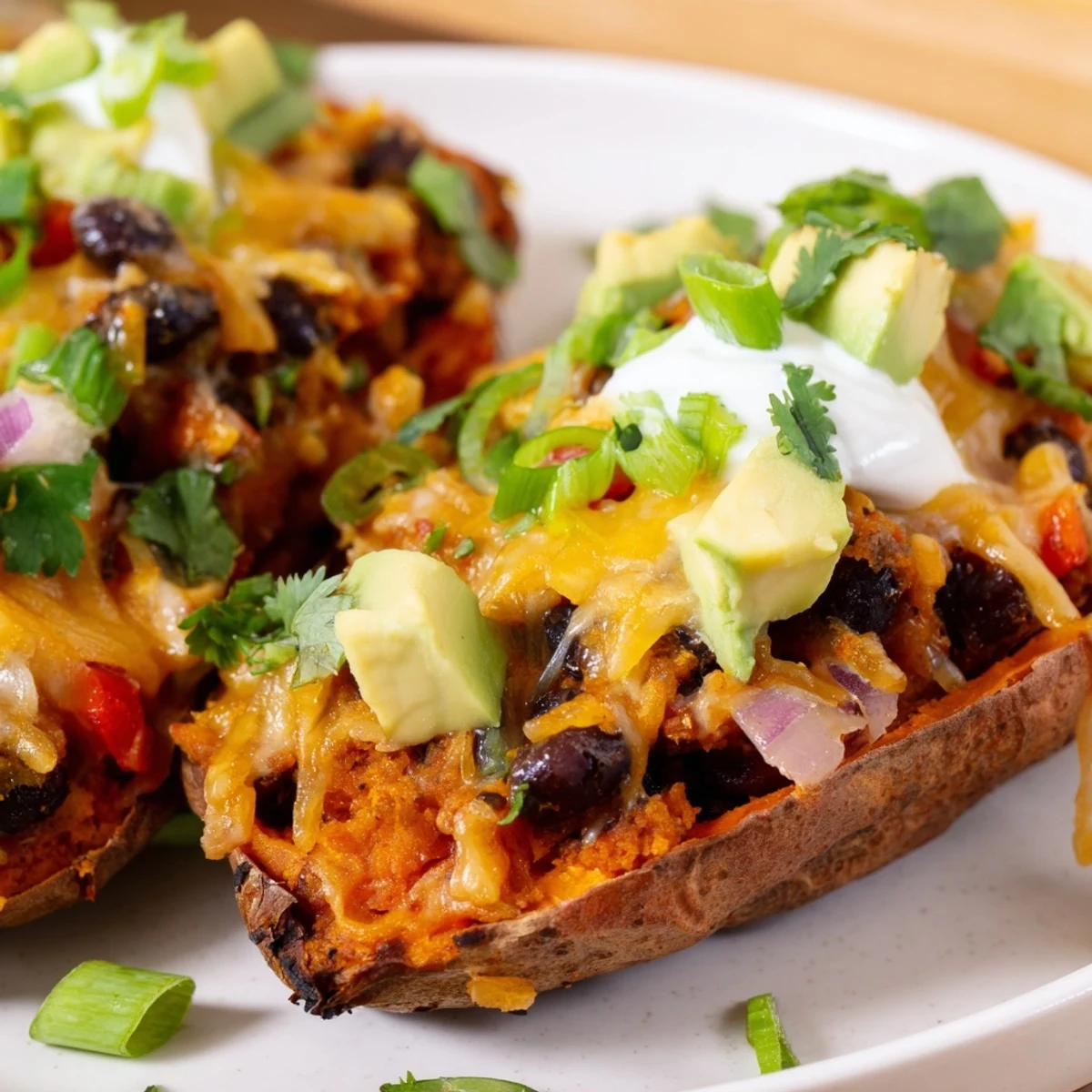Freshly baked Loaded Sweet Potato Skins with Black Beans, garnished with diced avocado and cilantro, perfect for a vegetarian appetizer or light meal.