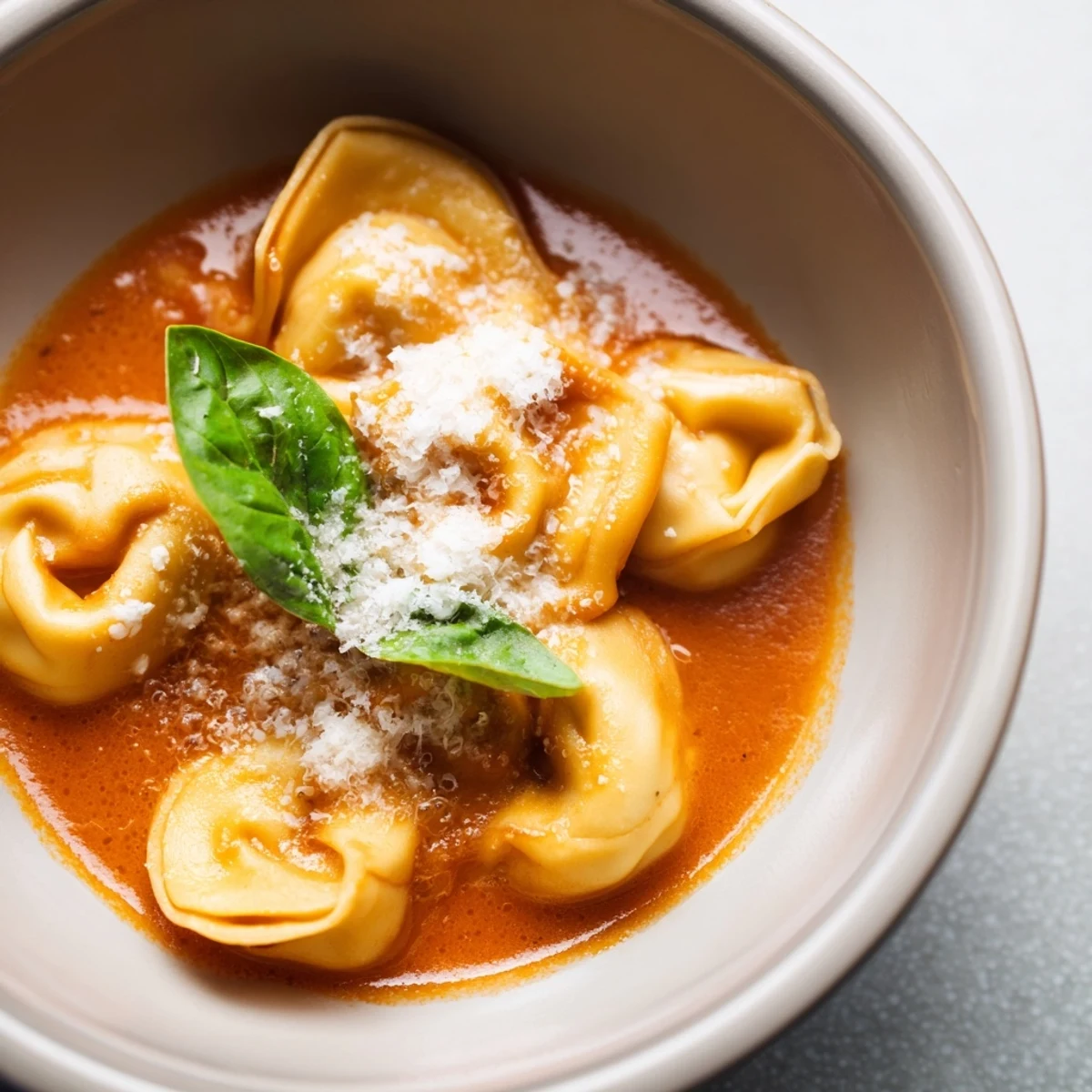 Creamy tomato tortellini soup in a rustic bowl, garnished with fresh basil and melted Parmesan, perfect for cozy weeknight comfort.