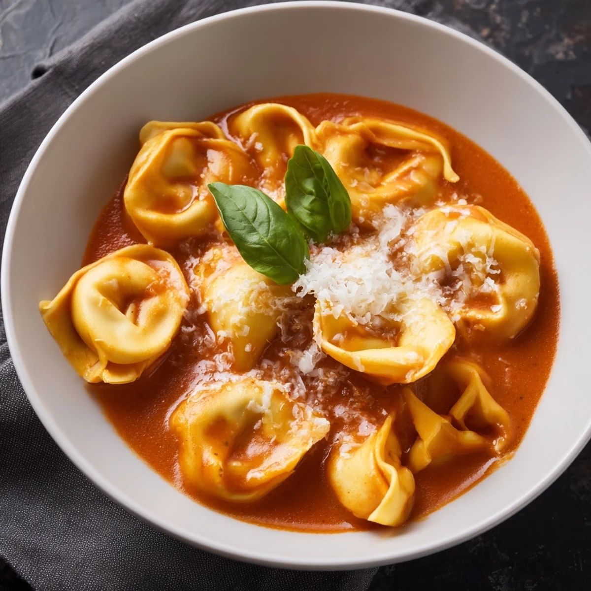 A steaming pot of One Pot Creamy Tomato Tortellini Soup with swirling cream, diced onions, and a wooden ladle nearby.