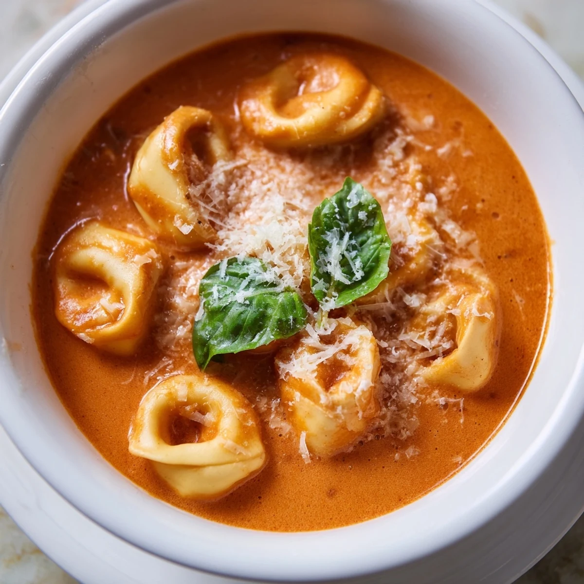 Serving suggestion for One Pot Creamy Tomato Tortellini Soup in a white bowl with crusty bread, fresh basil, and steam rising.