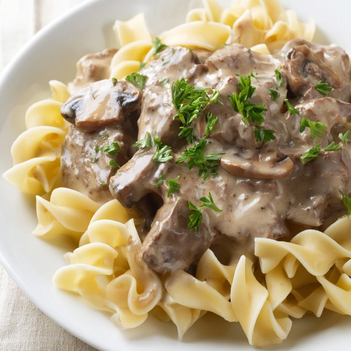 Creamy Beef Stroganoff over tender, buttery egg noodles is garnished with fresh parsley.