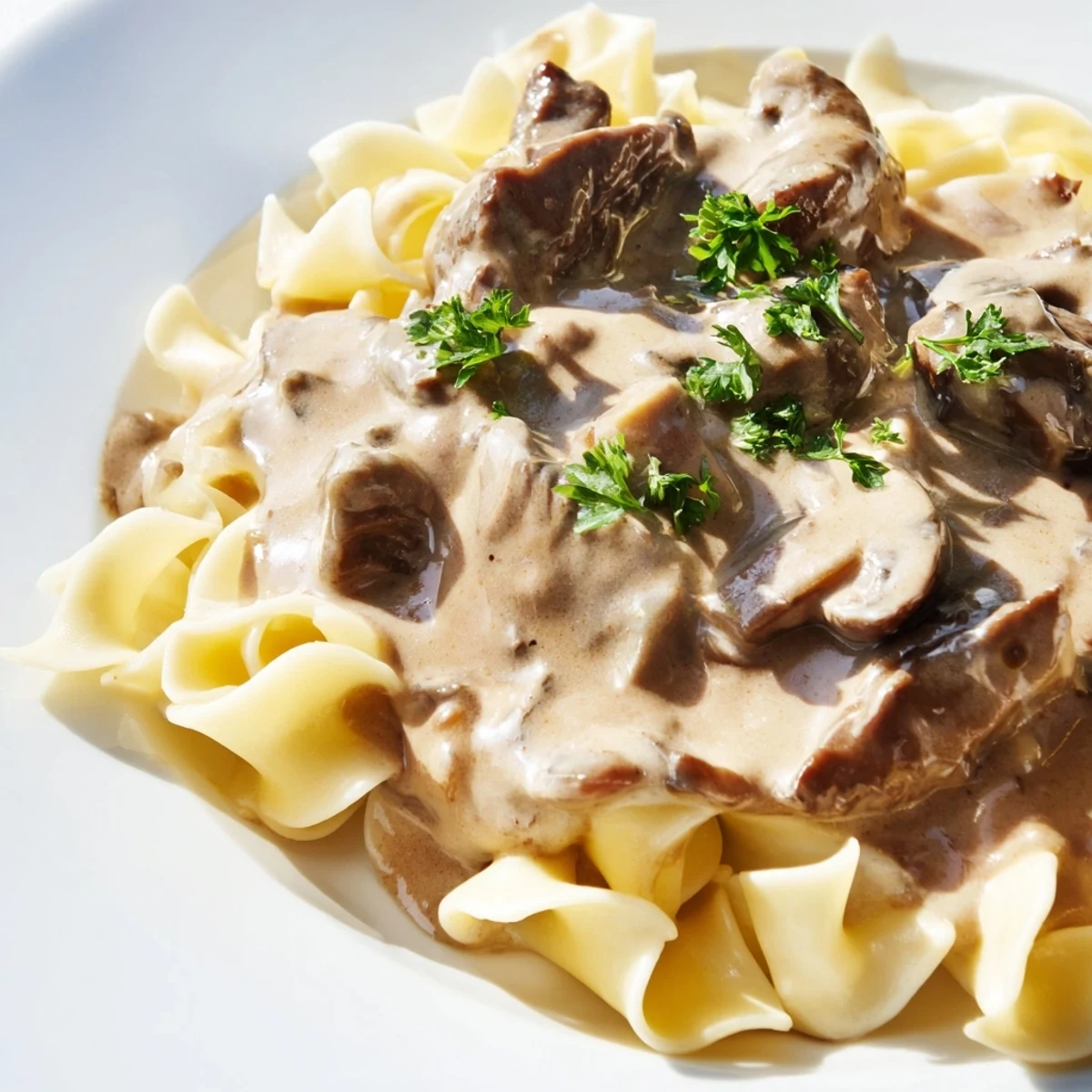 Tender beef strips and mushrooms in a rich Beef Stroganoff sauce served over egg noodles.