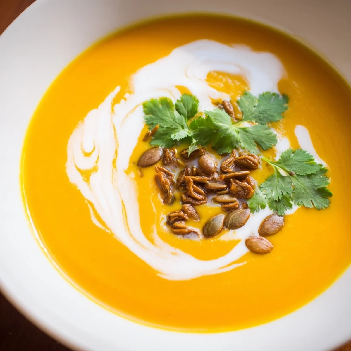 A steaming bowl of Roasted Carrot and Ginger Soup features caramelized carrots and coconut swirls, perfect for a cozy dinner.