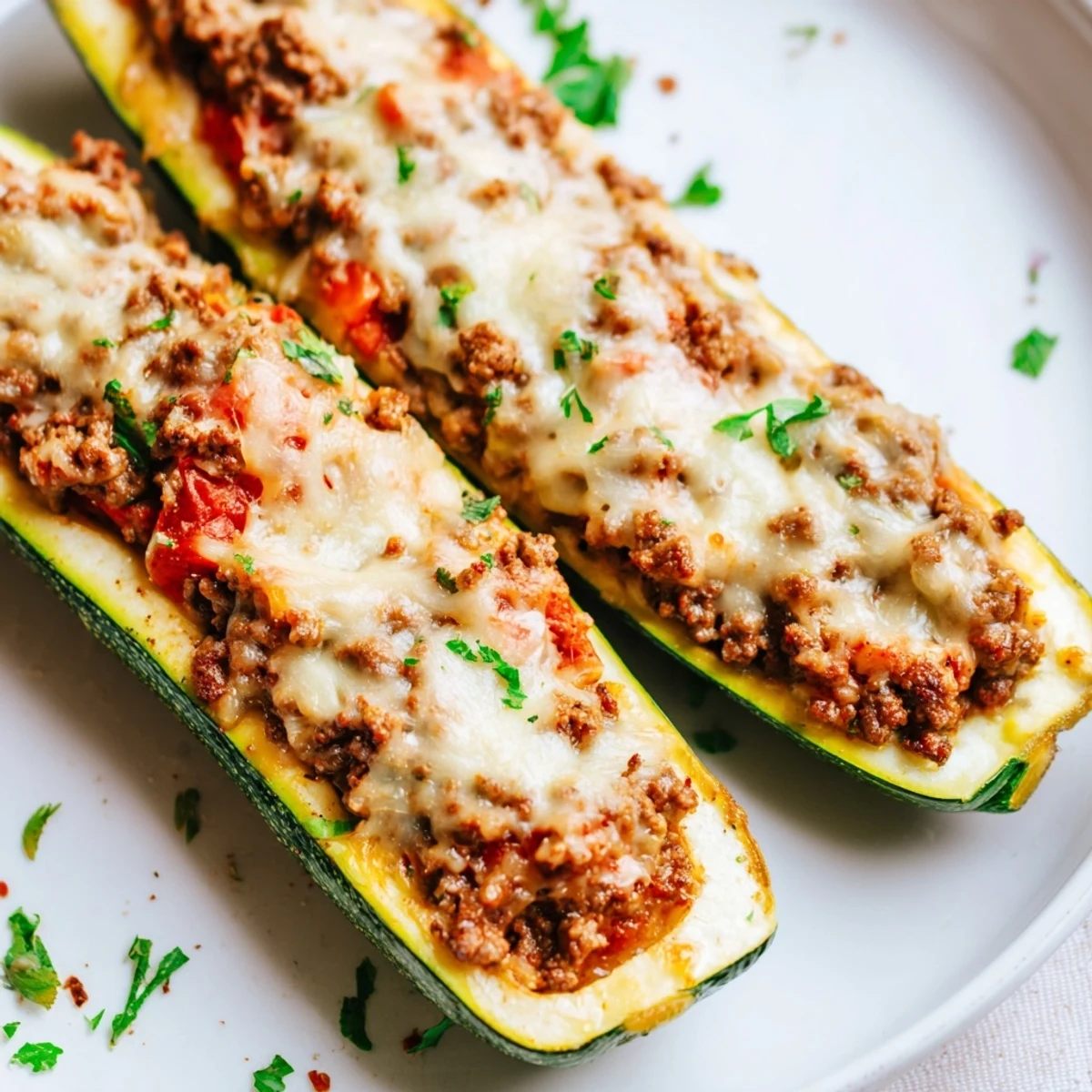 Melted cheese bubbling over Zucchini Boats Stuffed with Ground Beef, served hot on a rustic wooden table.