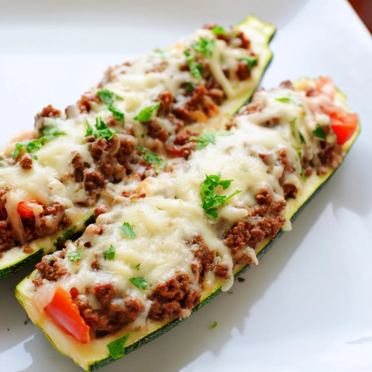 Golden-brown baked Zucchini Boats Stuffed with Ground Beef, overflowing with melted mozzarella and savory herbs.