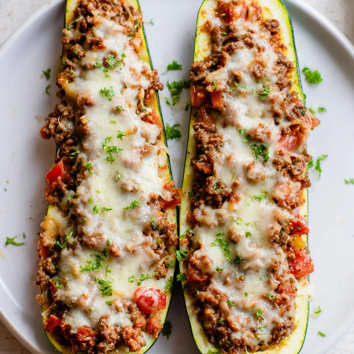Spoon serving Zucchini Boats Stuffed with Ground Beef, revealing the rich, saucy beef filling inside tender zucchini.