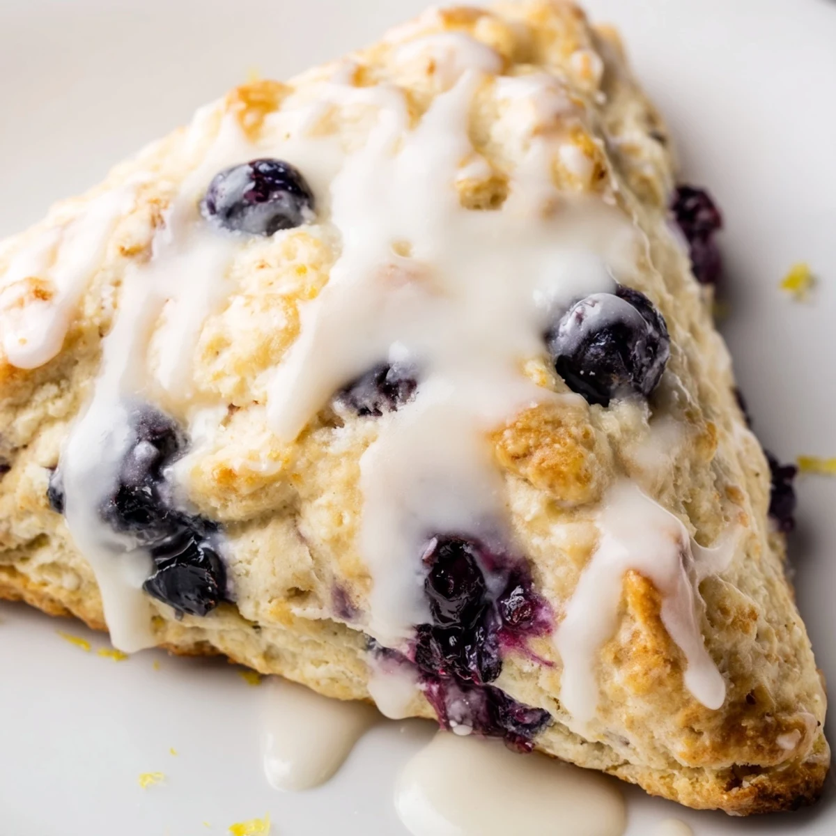 Freshly baked Lemon Blueberry Scones with Vanilla Glaze rest on a wire cooling rack, showcasing golden edges and a sweet drizzle.