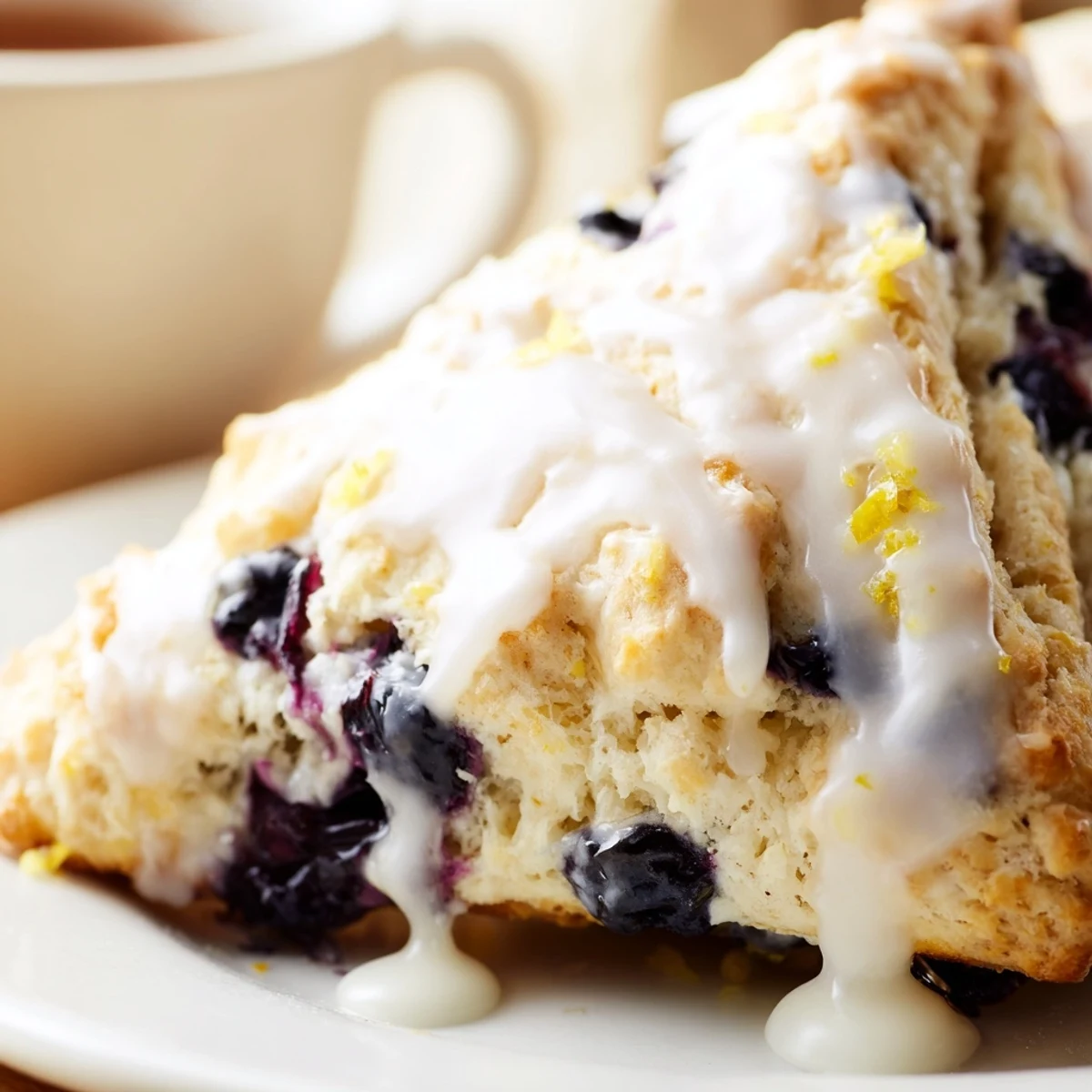 Warm Lemon Blueberry Scones with Vanilla Glaze are paired with a steaming mug of coffee on a rustic breakfast table.