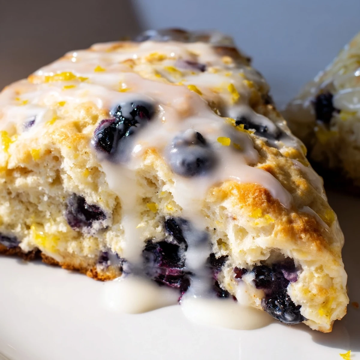 A platter of Lemon Blueberry Scones with Vanilla Glaze features fresh blueberries and lemon zest scattered nearby for garnish.