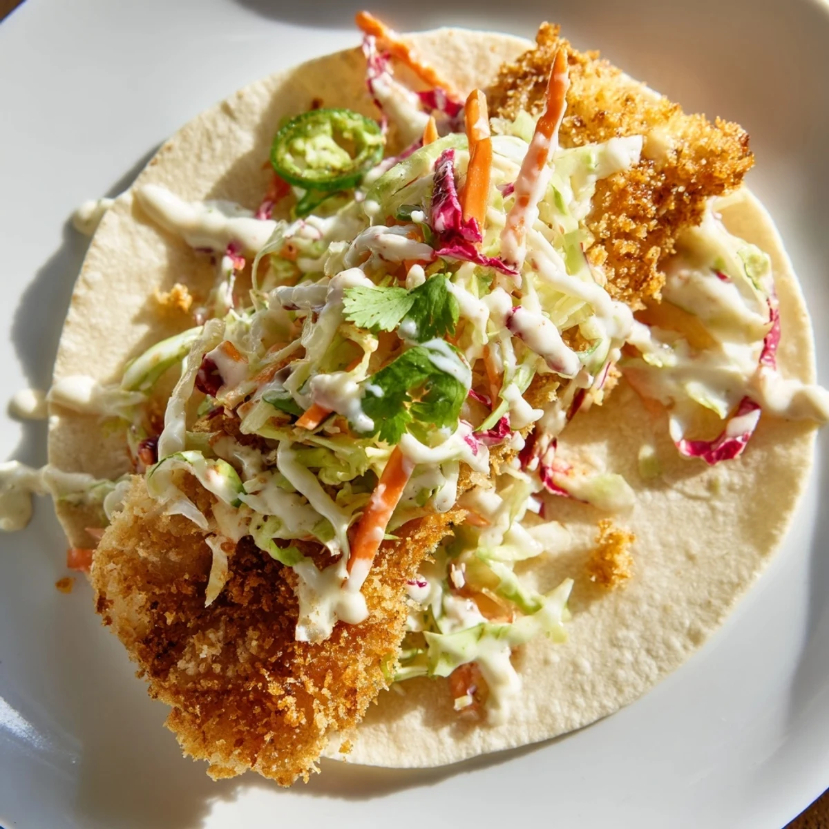 Crispy Fish Tacos with Cabbage Slaw stacked high in warm corn tortillas, drizzled with creamy sauce and fresh lime wedges on the side.