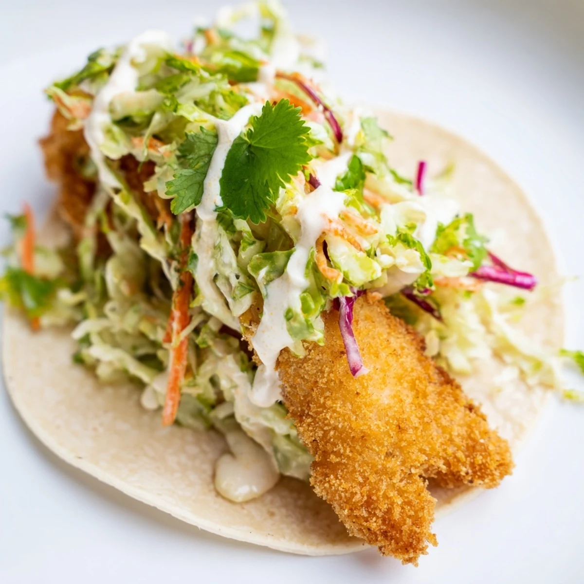 Close-up of Crispy Fish Tacos with Cabbage Slaw featuring crunchy battered fish, shredded carrots, and a generous drizzle of zesty creamy sauce.