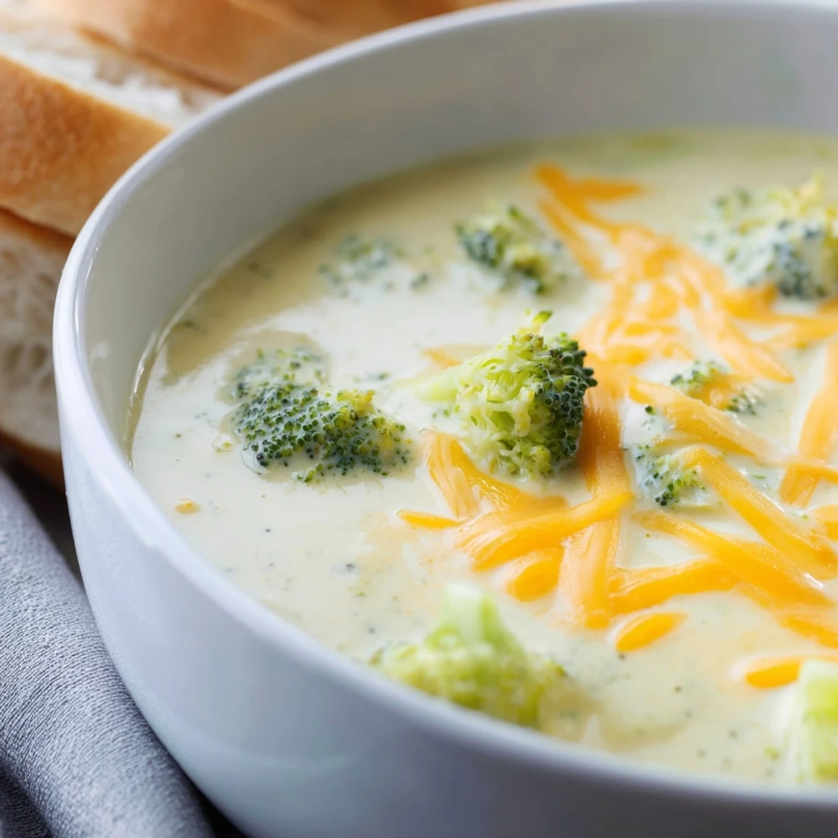 Velvety Creamy Broccoli Cheddar Soup with Crusty Bread, served steaming in a rustic bowl with fresh broccoli florets.