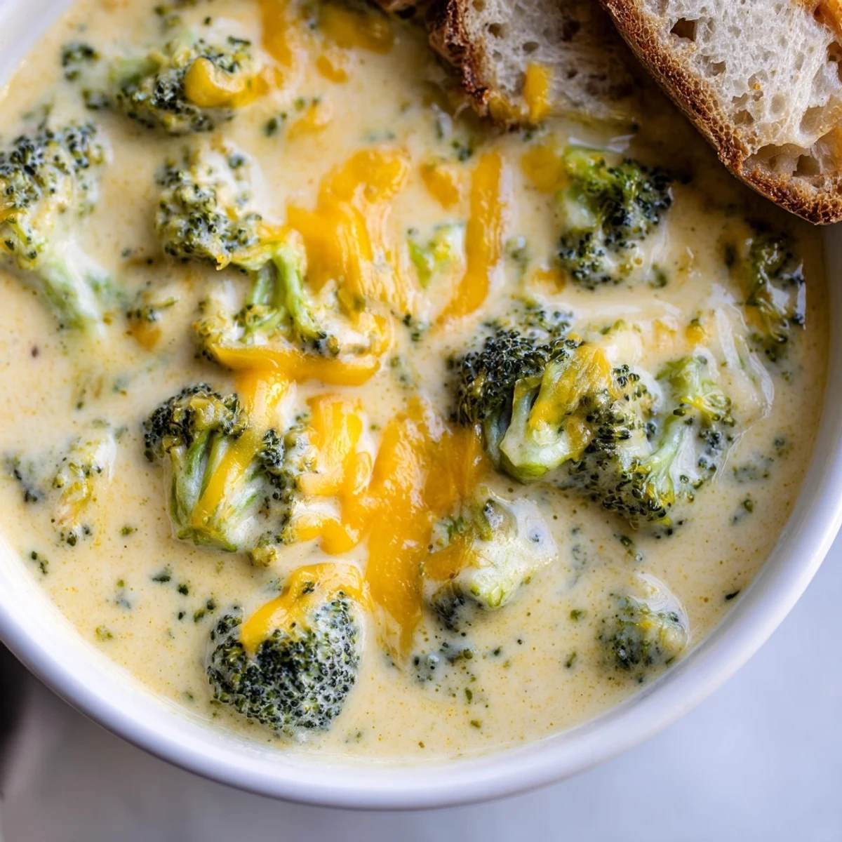 A comforting bowl of Creamy Broccoli Cheddar Soup with Crusty Bread, featuring melted cheddar and warm, toasted bread slices.