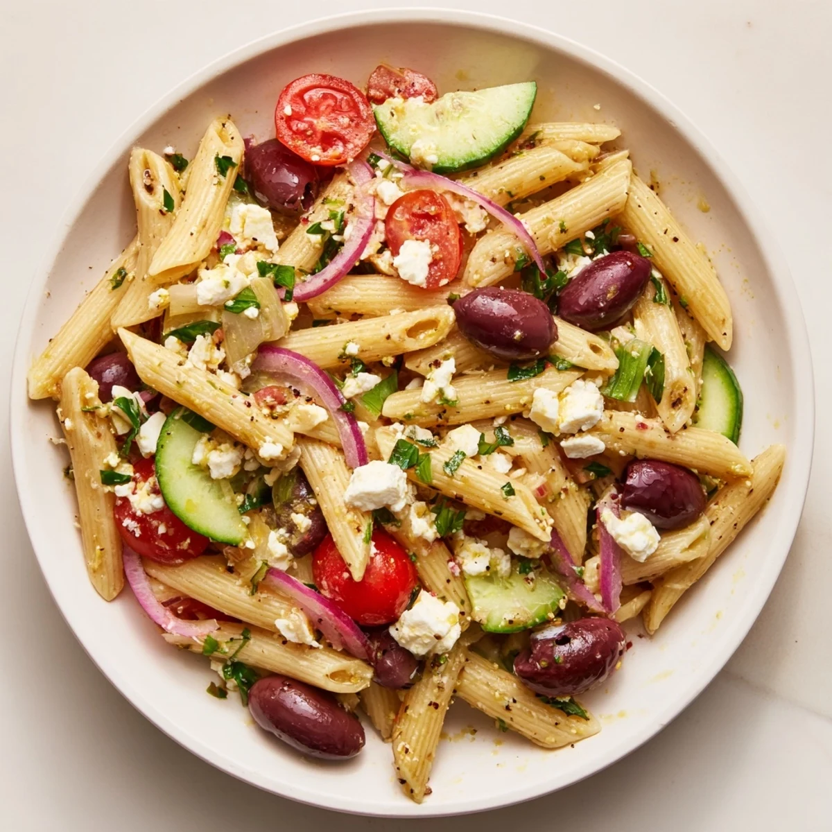 Fresh Mediterranean Pasta Salad with Kalamata Olives, feta, and crisp vegetables in a zesty vinaigrette.