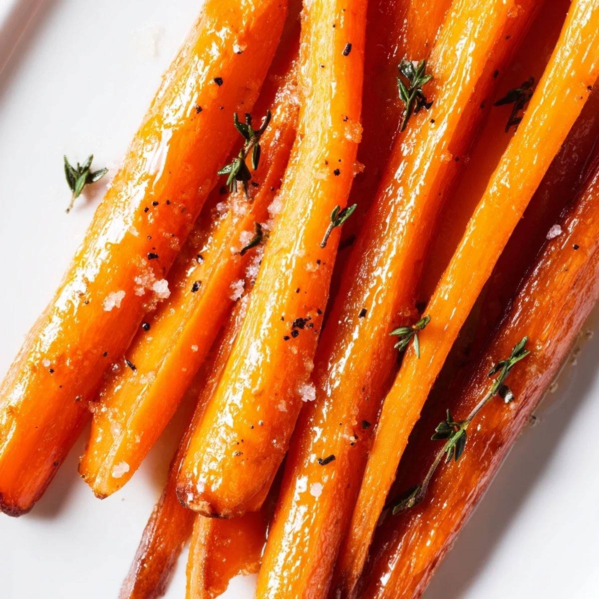 Golden Roasted Carrots with Honey and Fresh Thyme glisten on a white plate with a rustic wooden background.
